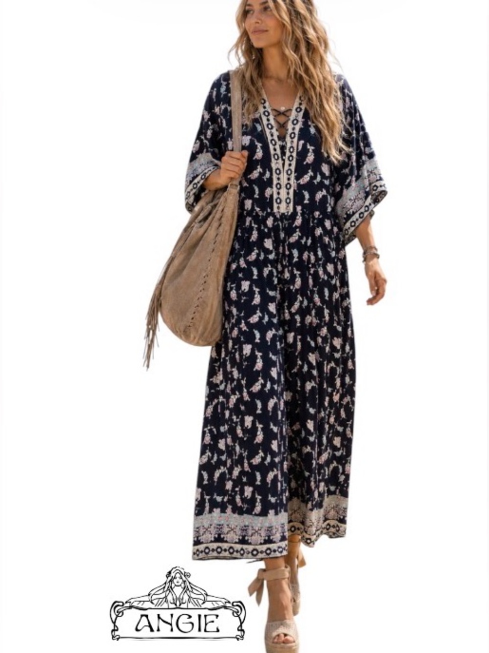 2X Angie Navy Floral Boho Flowy Jumpsuit with Sleeves